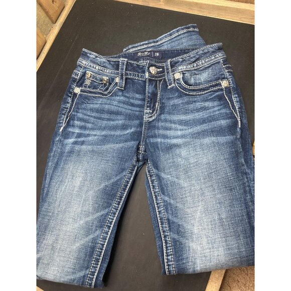 Miss Me Womens Distressed Blue Denim Jeans W26 Embellished Bull Low-Rise Bootcut - Picture 4 of 10